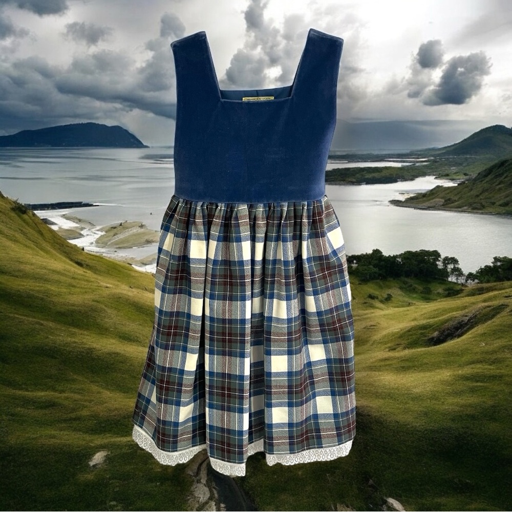 Vintage Lochcarron Children 80s Blue Velvet Wool Tartan Plaid Sleeveless Dress 8